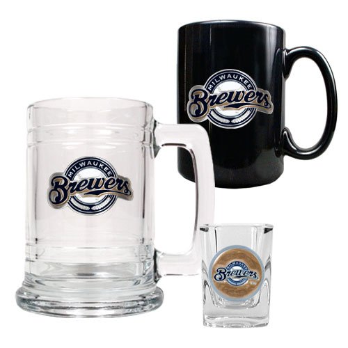 MLB Milwaukee Brewers 15-Ounce Tankard, 15-Ounce Ceramic Mug & 2-Ounce Shot Glass Set - Primary Logo