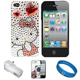 Hello Kitty White Diamond Heart Rhinestone Case for Newest Apple iPhone 4S Latest Generation and iPhone 4 (4th Generation) + Mirror Screen Protector + USB Wall Charger + SumacLife TM Wisdom*Courage Wristband