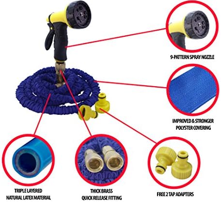 Strongest 50 FT Expandable Garden Hose - 3 Layer Natural Latex - Brass Quick Release Fitting - 9-Pattern Multifunctional Spray Nozzle & 2 Tap Adapters