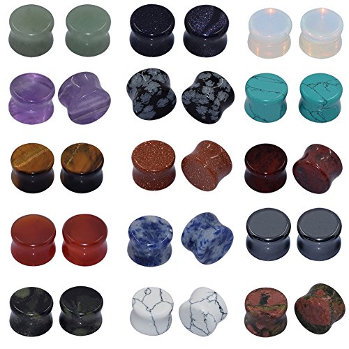 Longbeauty 15 Pair Natural Mix Stone Flared Fresh Tunnels Ear Plugs Expander Piercing Gauges kit