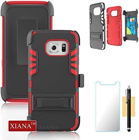 Galaxy S7 Edge Case, XIANA New Cool Durable 3 in 1 PC and TPU Hybird Case Kickstand Cover with Card Slot Suitable for Sumsung Galaxy S7 Edge, with Stylus, Screen Protector and Cleaning Cloth-(Red)