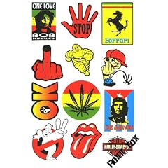 Bob Marley; Stop; Ferrarie; Michiln; OK; Rolling Stones; Che Guevara; Harley Davidson / Aufkleberset mit 12 Aufkleber