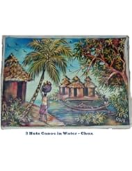 Nigerian Hut Village Landscape Oil Painting on Canvas Unframed Signed African Artist Chux (3 Huts and Canoe in Water)