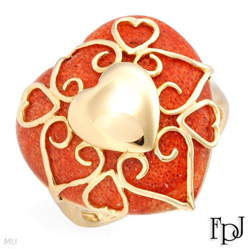 FPJ Irresistible Heart Ring With Simulated Coral Made in 14K Yellow Gold. Total item weight 5.7g - Size 7 We Can Resize from 0 to 0 (Size 7)