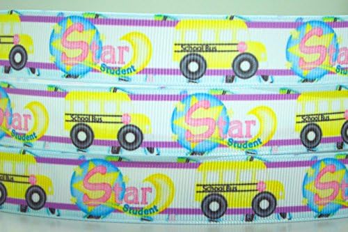5 Yards Star Student &amp; School Bus Design Grosgrain Ribbon 4 Hairbow &amp; Gift Wrapping 7/8" Inch 22mm
