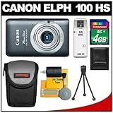 Canon PowerShot 100 HS Digital Elph Camera (Gray) with 4GB Card + Case + Ac ....