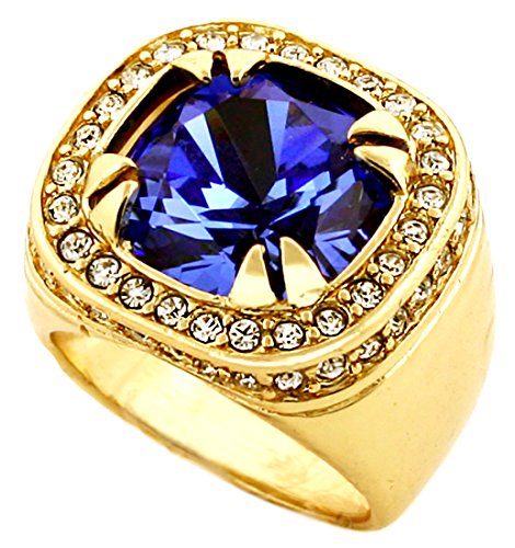 Gold Tone Synthetic Blue CZ Stone Mens Rick Ross Hip Hop Style Ring