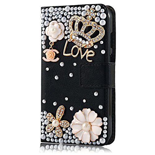 Rosepark(TM) Moto G leather case, 3D Handmade Bling Crystal Crown Rhinestone Flower Pearl Diamond Design Sparkle Glitter Leather Wallet Type Magnet Flip Case Cover for Moto G(Black), With Screen Protector, Stylus Pen and Cleaning Cloth