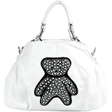 White Rhinestones Bear Leatherette Double Handle Satchel Hobo Handbag w/Shoulder Strap