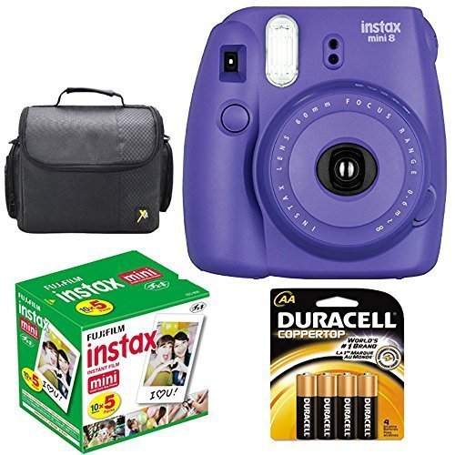 Fujifilm Instax Mini 8 Instant Film Camera (Grape Purple) With Fujifilm Instax Mini 5 Pack Instant Film (50 Shots) + Compact Bag Case + Batteries Top Kit - International Version (No Warranty)