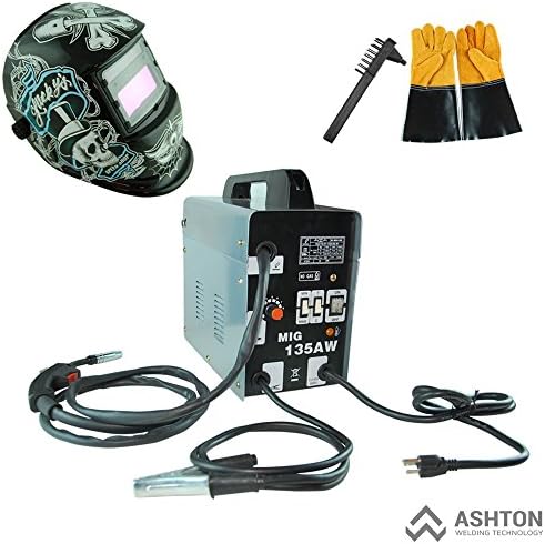 Commercial 115v Mig 130 135 Amp Automatic Feed Flux Core Gasless Welder Mig-135aw Helmet AWT-FG6 Kit