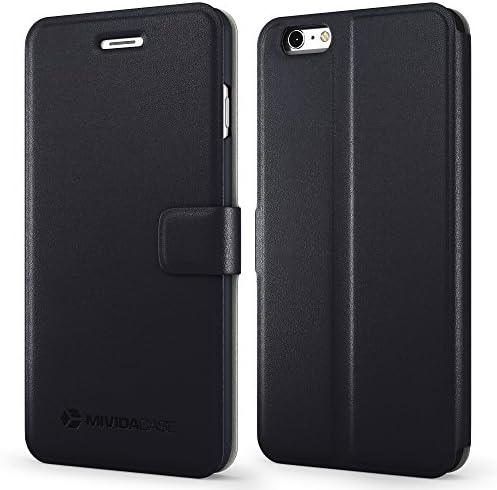Mividacase iPhone 6 Case, iPhone 6s, Premium Quality PU Leather Wallet Case, Slim Black Cover, Microfiber, Kickstand and Card Slots for Men and Women
