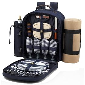 Picnic at Ascot Classic Blue Picnic Backpack for Four with Blanket