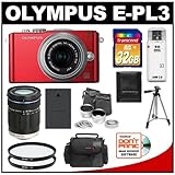 Olympus PEN E-PL3 Micro 4/3 Digital Camera & 14-42mm II Lens (Red/Silver) with M.Zuiko 40-150mm Lens + 32GB Card + Battery + Case + Telephoto/Wide-Angle Lens Set + Filters + Tripod Kit (Refurbished by Olympus)