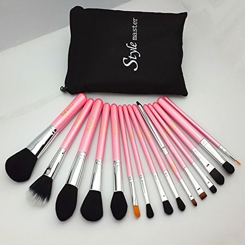 Style Master 15 Pcs Pink & Silver Synthetic Kabuki Makeup Brush Set Cosmetics Foundation Blending Blush Concealer Brush Makeup Tool Kits