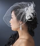 White Feather Fascinator with Birdcage Veil - Bridal Hair Accessories