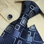 New Designes Silver Blue Checkers 100% Jacquard Woven Silk Tie Hanky Mens Necktie and Cuff Links Cufflinks and Handkerchiefs Set H5014