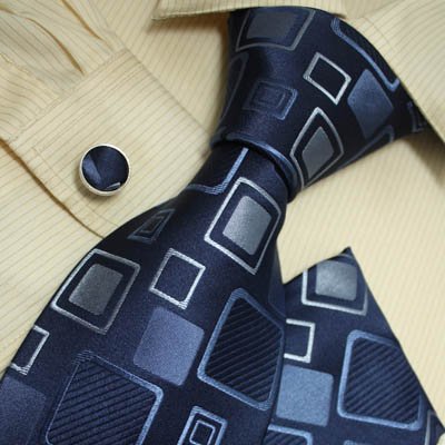 New Designes Silver Blue Checkers 100% Jacquard Woven Silk Tie Hanky Mens Necktie and Cuff Links Cufflinks and Handkerchiefs Set H5014