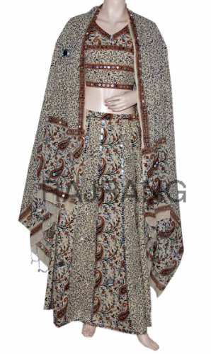 Nice Looking Hand Block Print Lehenga Choli Bollywood Shells Work & Block Print for Ladies, Unique Design Brown Skin & Brown Boho Bohemian Lehnga Choli with Sequins, Mirrors, Shells Work & Block Print for Ladies Rajrang India