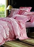 4-pc Romantic Pink Floral Silk Duvet Cover Bedding Set Full / Queen Size