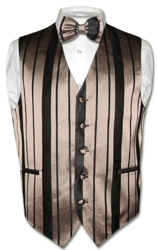 Men's Dress Vest & BOWTIE Taupe / Light Brown Woven Stripe Design BOW TIE Set for Suit or Tuxedo