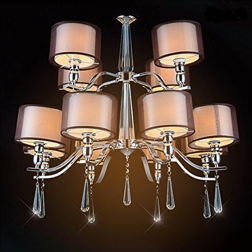 BYB® T8017-12 Modern 12-Light Chandelier, Two Tires, Arching Rectangular Arms, Polished Chrome Finish with Fabric Shades and K9 Optical Crystal Column Ornament