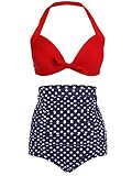 Zando Women's Retro Vintage High Waist Push Up Bikini Swimwear Swimsuit (C Red Top/White Dots&Blue,M)