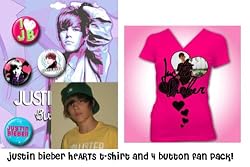 JUSTIN BIEBER SHIRTS - BUTTON SET - JUSTIN HEART T-SHIRT AND BUTTON SET - GIRLS SHIRTS