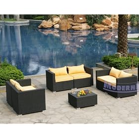 Modern Furniture All-Weather Collection: Set of 3 Yellow Loveseats and 1 Coffee Table
