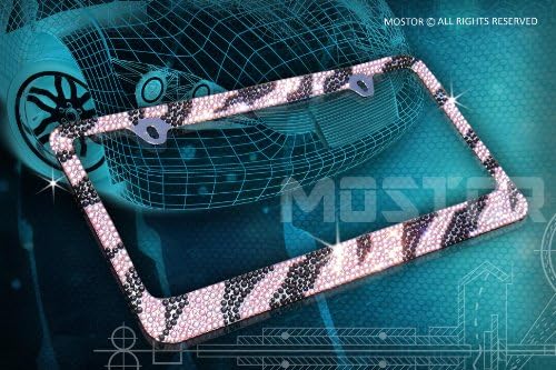Popular Bling Pink/Black ZEBRA Designed (Pink Cap-D Type) Crystal Diamond Rhinestone-Metal Chrome License Plate Frame