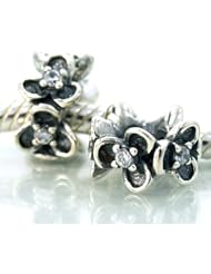 (Set of 2) .925 Sterling Silver " Flowers w/CZ " Bead Compatible with Pandora Chamilia Kay Troll Bracelet