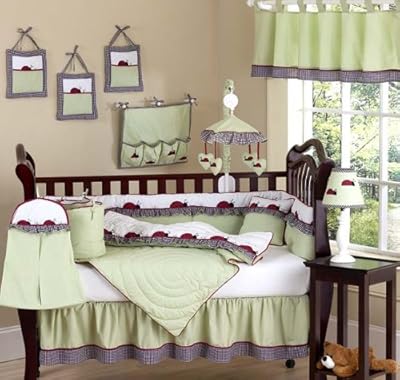Red, White and Sage Green Ladybug Parade Baby Girl Bedding 9pc Crib Set