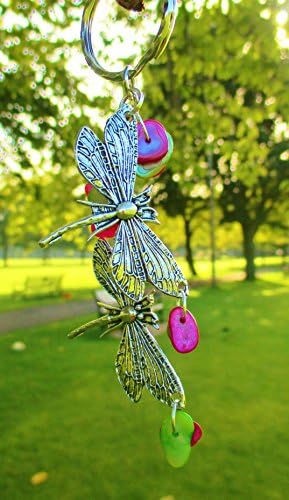 Boho silver tone dragonfly charms with gemstone ships on key ring chain