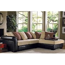 Creme Chenille Brown Vinyl Right Chaise Sectional Sofa