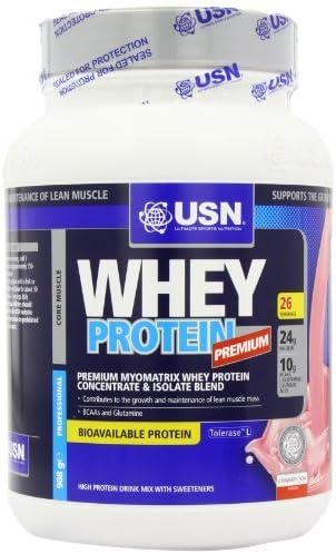 USN Whey Protein Premium Muscle Development and Recovery Shake Powder, Strawberry - 908 g by USN