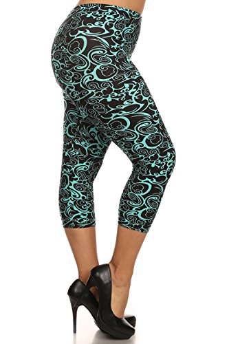 Leggings Depot Women's Popular PLUS Teal Swirl Capri Cropped Printed Leggings