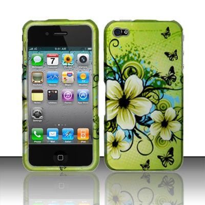 Rubberized Green Hawaiian Flower Snap on Design Case Hard Case Skin Cover Faceplate for Apple Iphone 4 4S (AT&T/Verizon/Sprint)