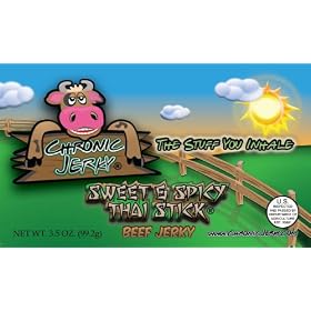 Chronic Jerky Sweet & Spicy Thai Stick: (3) 3.5oz bags of our rising star. Many customers who are hesitant to try this recipe say it's like a barbecue that others may have, but with a spicier twang and a whole lot better. Excellent source of protein. Low in Fat. No Carbs. 100% US Beef.
