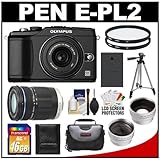 Olympus Pen E-PL2 Micro 4/3 Digital Camera & 14-42mm & 40-150mm Lens (Black) with 16GB Card + Battery + Case + Tripod + (2) Filters + Wide Angle & Telephoto Lens Kit