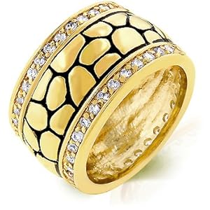 14k Gold Bonded Black Antique Cobblestone Style Ring Trimmed with Handset Pave Round CZ in Goldtone