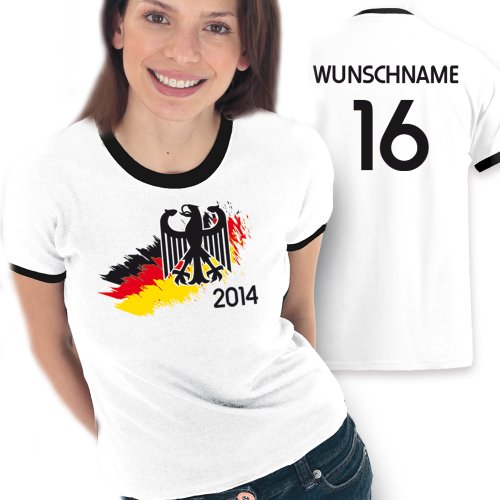 Deutschland Kontrast Lady-Shirt zur Fussball WM 2014 personalisiert mit eigener Rückennummer und Wunschname Gr. S/M