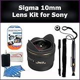 Sigma 10mm f/2.8 EX DC HSM Fisheye Lens for Sony Alpha A290, A380, A390 Digital SLR Cameras. Package Includes: Sigma 10mm Lens, Lens Cap Keeper, Lens Cleaning Pen, Monopod, LCD Screen Protectors, and Cleaning Kit with SSE Microfiber Cleaning Cloth
