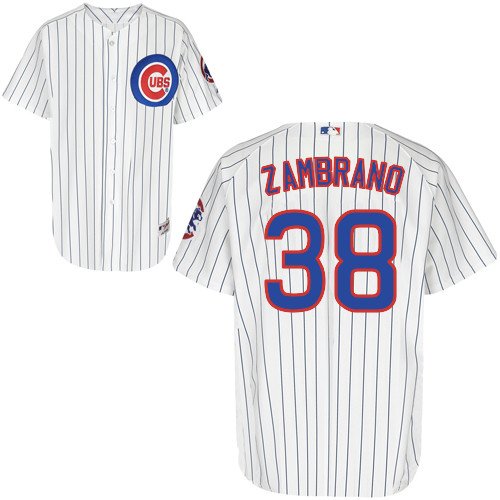 MLB Men's Chicago Cubs Carlos Zambrano Six Button Authentic Home Jersey (Wht/Royal Pinstrp, 40/Medium)