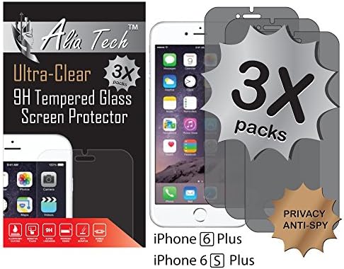 iPhone 6s Plus Screen Protector, 3 pack Alia Tech™ Anti-Spy Privacy Tempered Glass Screen Protector for iPhone 6/6 Plus, 0.3 mm, 2.5D, Easy Installation &amp; Bubble Free, Best Screen Protection.