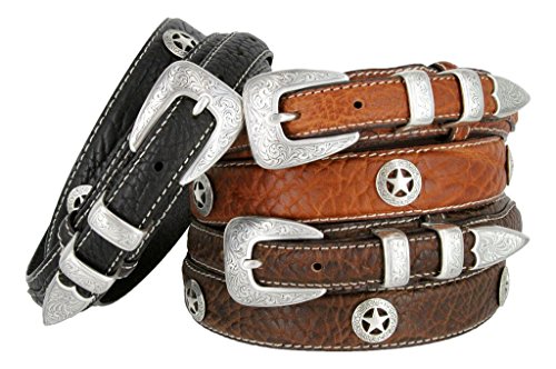 Western Silver Engraved Rodeo Star Ranger Genuine Leather Bison Belt for Men