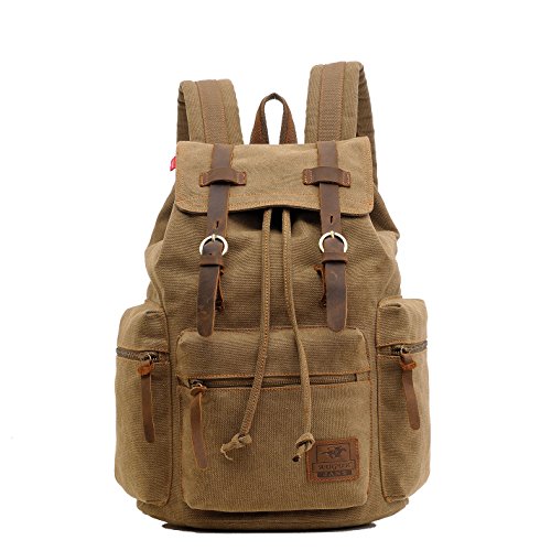 Vere Gloria Men s Women s Canvas Leather Hiking Daypack, Teens Boys Girls College Students School Backpack Bags, 15 Inches Laptop Bag, Casual Back Pack for Camping Travel Bicycling Trekking Outdoor Sports, Double Shoulder Handbags, String Closure, Mu