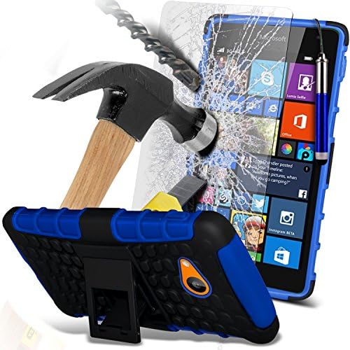 ( Blue ) Microsoft Lumia 535 Case Case Tough Survivor Hard Rugged Shock Proof Heavy Duty Case W/ Back Stand, Explosion Reinforced Tempered Glass Screen Protector &amp; Retractable Stylus Pen by ONX3®