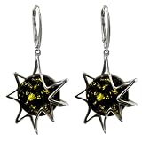 Green Amber and Sterling Silver Flaming Sun Earrings