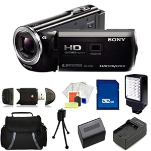 Sony HDR-PJ380 Full HD 16GB Camcorder (Black) with 32GB SD, Reader, Extended Life Replacement Battery, Charger, LED Video Light, Case - SSE Accessory Kit