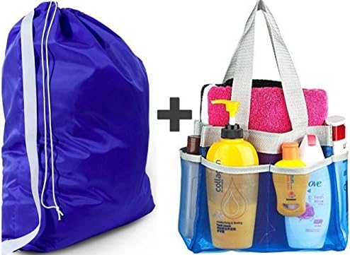 YaeloDesign Laundry Bag with 2 Inch Shoulder Strap Blue + Shower Caddy Blue - Dorm Totes Bag - Commercial Grade Large Bag - Perfect for Gym, School, College